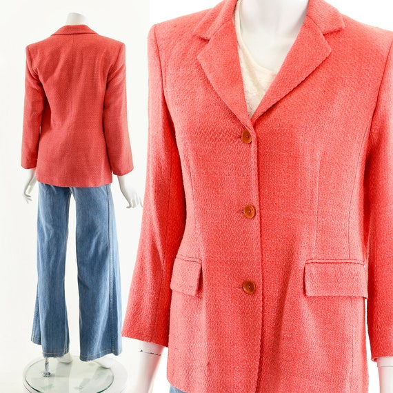 Tweed Boucle Blazer,Pink Coral Jacket,70s Knit Bo… - image 2