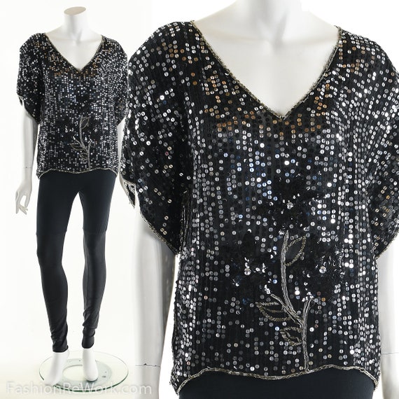 Sequin Silk Blouse, Floral Sequin Top, Beaded Sil… - image 8