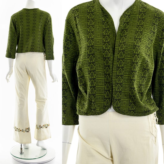 Green Woven Open Cropped Cardigan - image 3