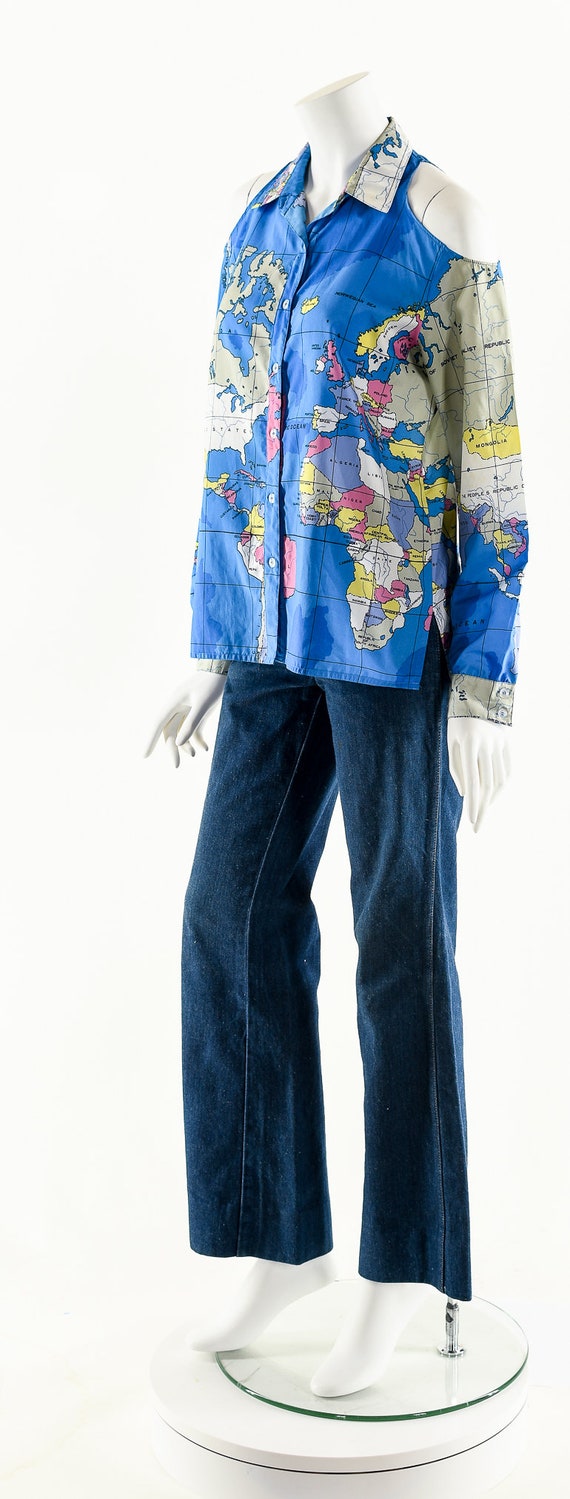 World Map Blouse,Cold Shoulder Vintage Map Shirt,… - image 10