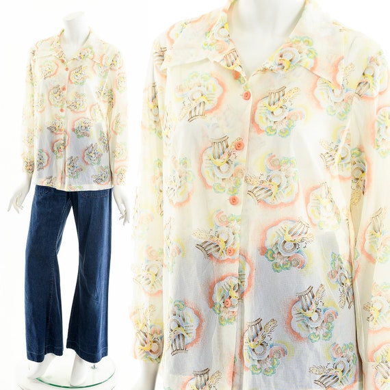 RAINBOW PEACOCK Blouse,Peacock Novelty Print,Vint… - image 2