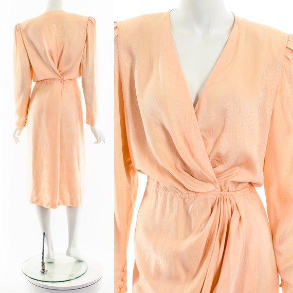 Peachy Pink Asymmetric Drape Silk Wrap Dress - image 2