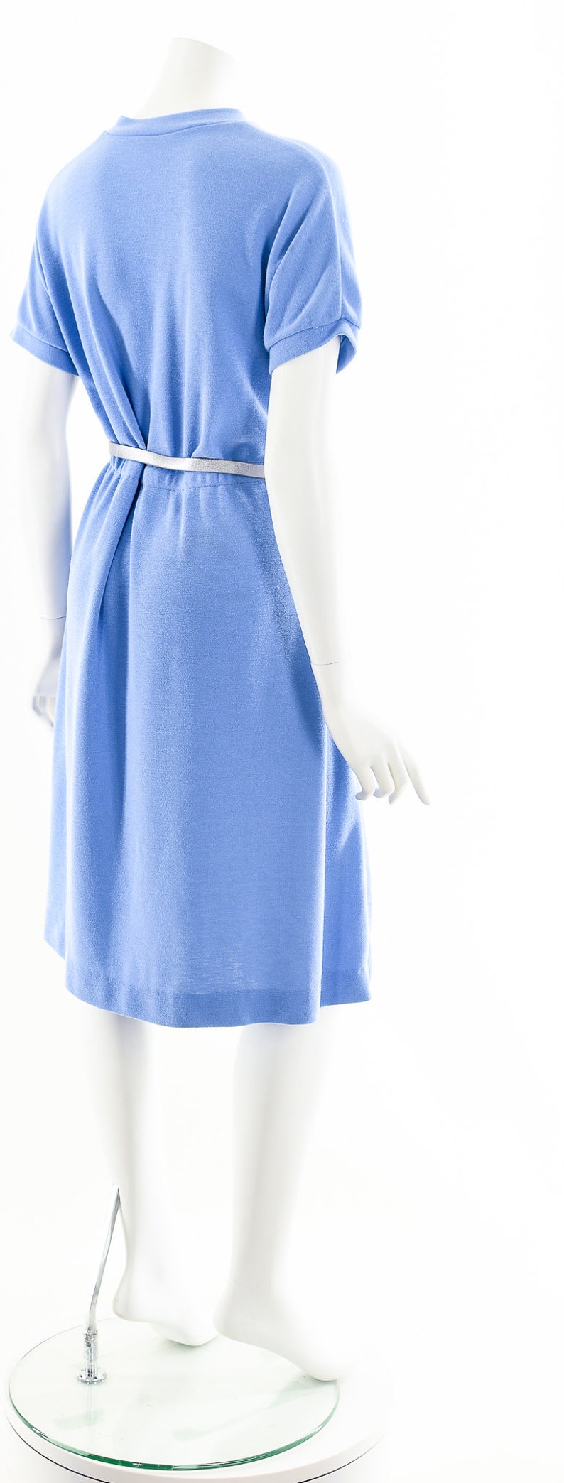 blue knit tshirt dress,80s knit fit and flare dress,mock neck dress, image 6