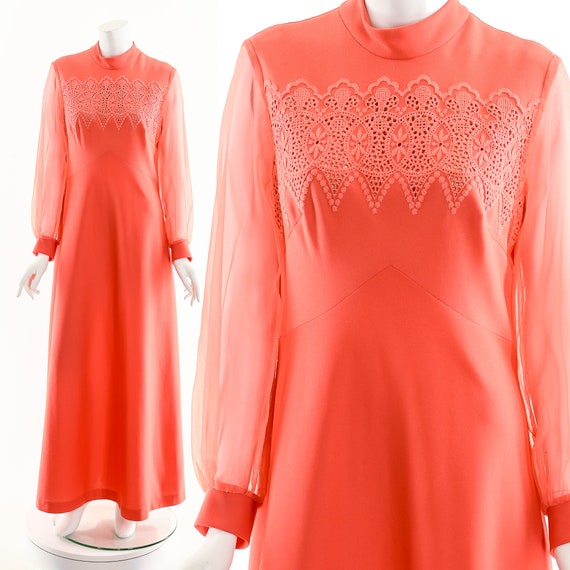 Coral Lace Chiffon Dress,60s Pink Orange Dress,Ba… - image 2