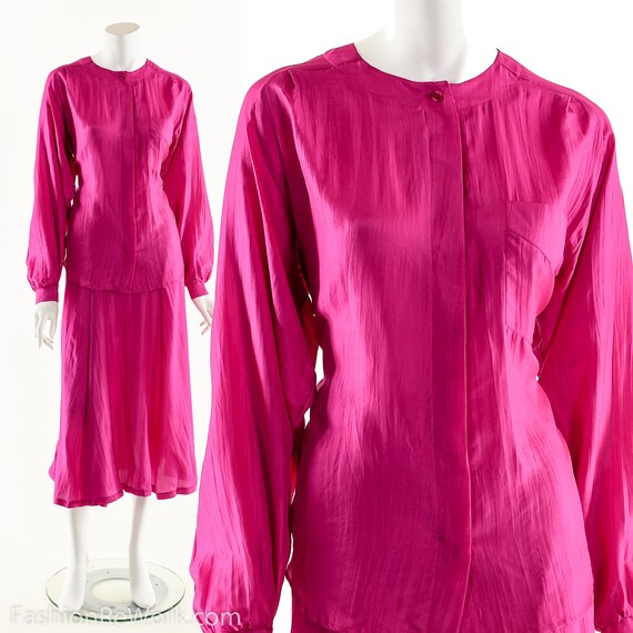 Silk Two Piece Dress Set,Magenta Silk Dress,80s V… - image 10