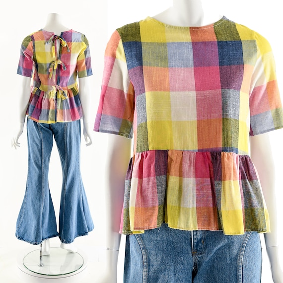 RAINBOW Apron Blouse,Plaid Madras Top,Multicolored