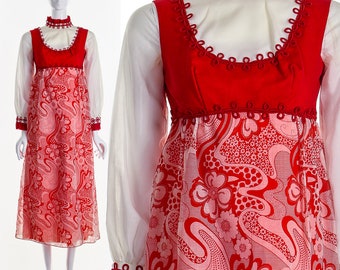 Victorian Inspired Dress,Mod Dandy Dress,Psychedelic Trippy Print,Floral Daisy Print Dress,Coral Victorian Dress,Prairie Dress,Gunne Sax