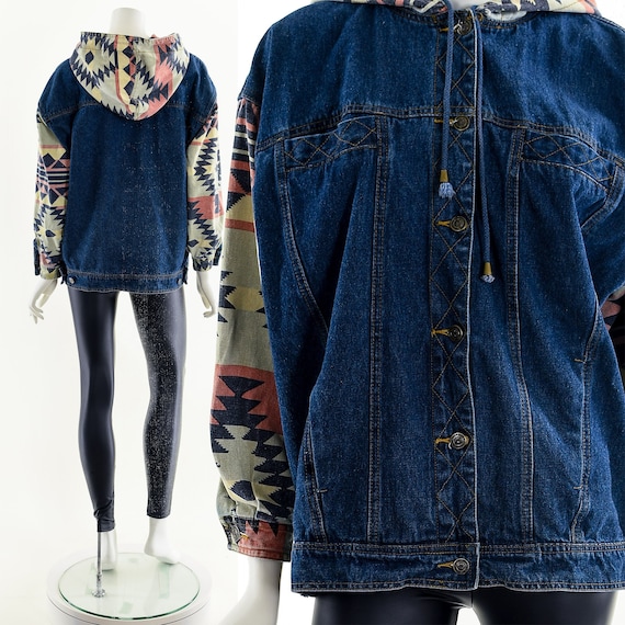 Aztec Denim Hoodie Jean Jacket,Southwest Jean Jack