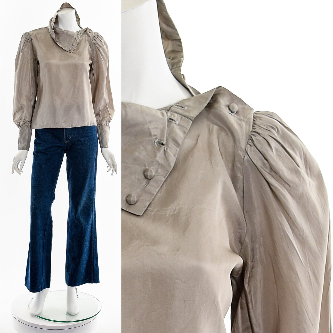 Satin Leg Of Mutton Sleeve Pearls Blouse