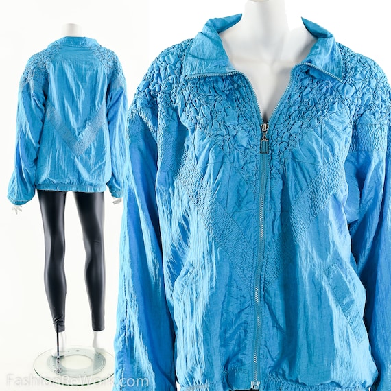 Vintage 90s Windbreaker,Quilted Aqua Blue Jacket,… - image 1