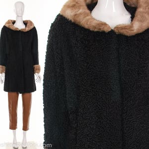 PERSIAN LAMB SWING Coat 60&#39;s Curly Black Persian Fur and Mink Collar Cuff Statement Jacket Starlet Jacket Regal Mod Glam Coat M L