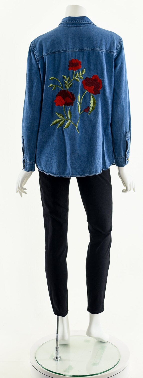 Huge Embroidered Rose Chambray,Indigo Chambray Bu… - image 7