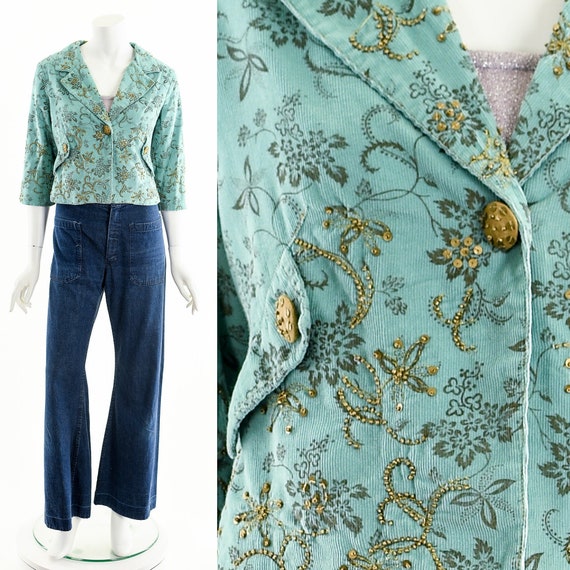 French Baroque Peplum Jacket,Floral Ornate Teal J… - image 1