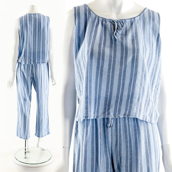 Blue Striped Pant Suit,Vintage 90s Gauze Jumpsuit,