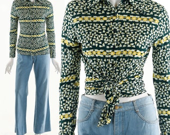 Geometric Green Novelty Print Blouse 70s