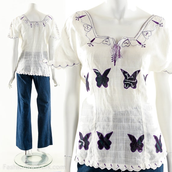 Butterfly Patchwork Boho Blouse - image 1