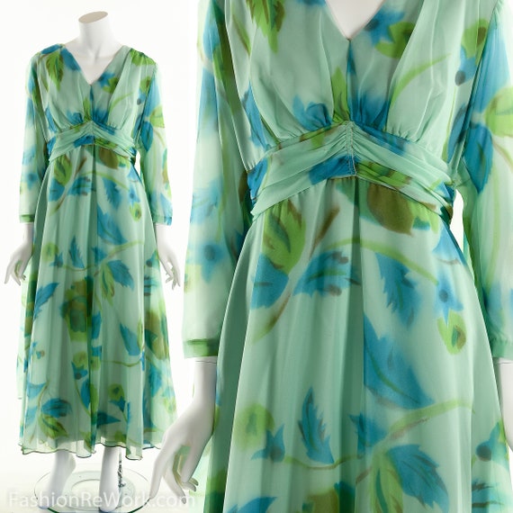 Floral Chiffon Dress, Dramatic Green Chiffon Dress