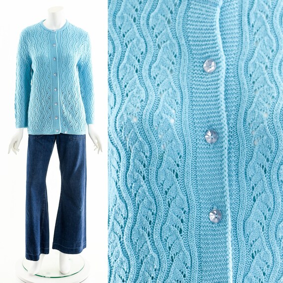 60's Turquoise Wavy Knit Cardigan Sweater - image 1