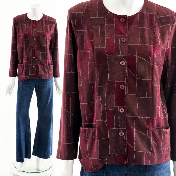 red patchwork jacket, leather suede jacket,box bl… - image 2