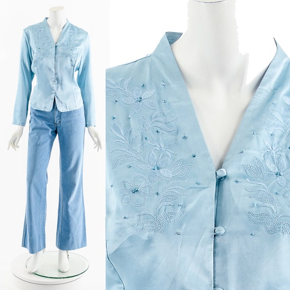 Blue Satin Embroidered Silky Boho Blouse - image 3