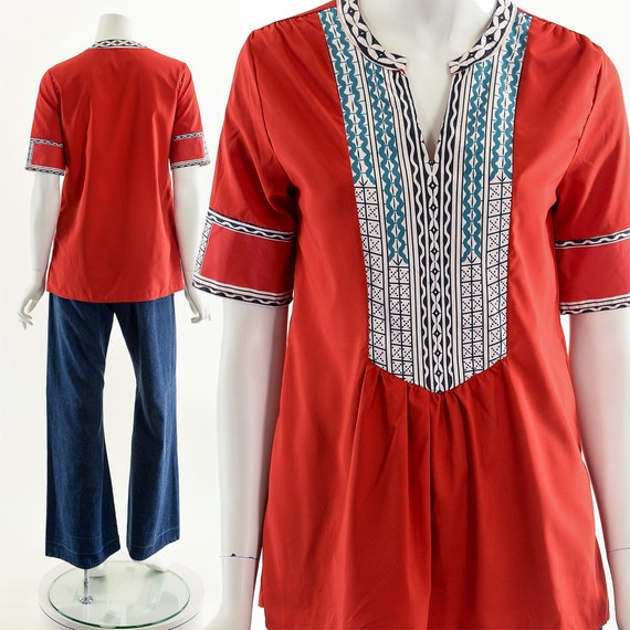 Red Dashiki Cotton Boho Blouse - image 3