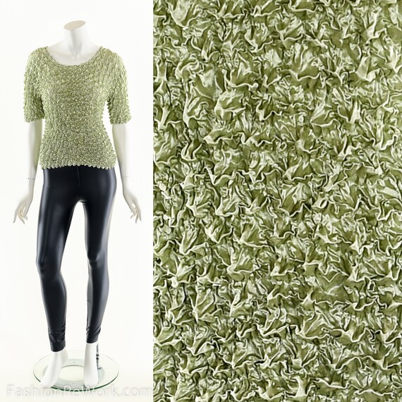 Green Popcorn Blouse,90s Vintage Blouse,Micropleat