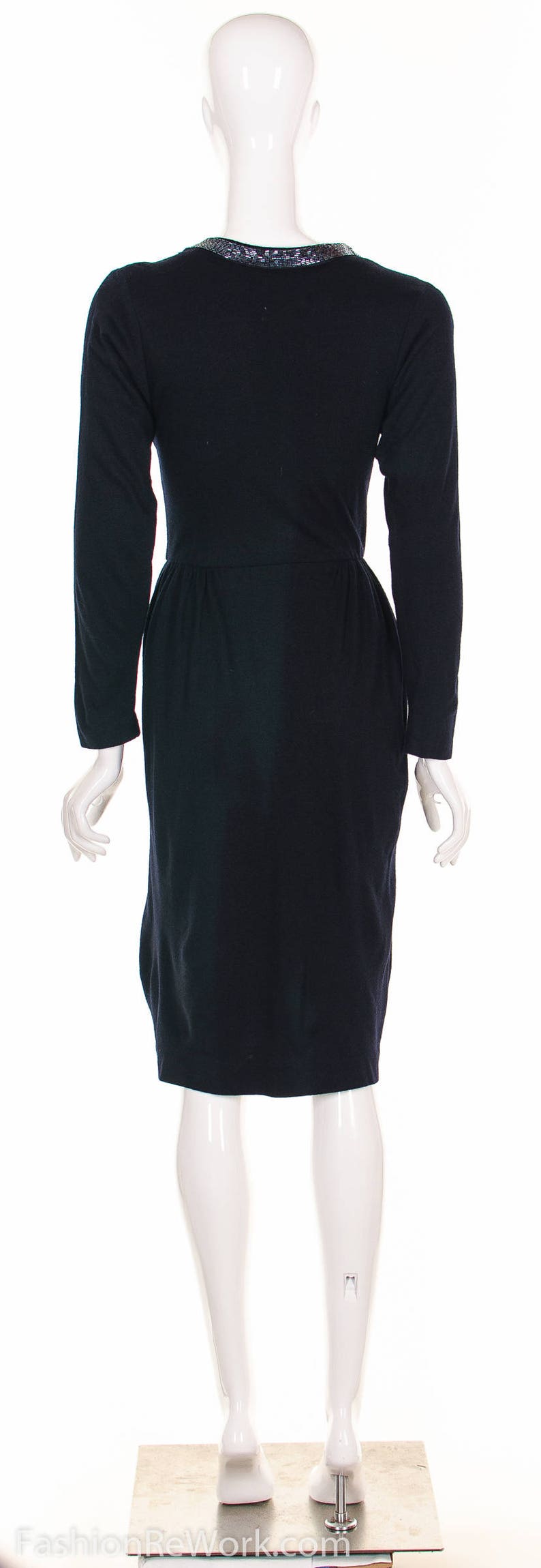 Vintage 50's Black Beaded Dress Plunging Neckline Black Wool Knit Dress Low Back Vixen Wiggle Dress Button Up Bombshell Retro Pin Up Dress S image 3