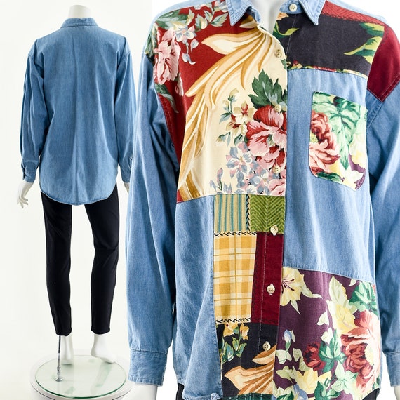 Patchwork Chambray Blouse,Asymmetric Patch Top,Vi… - image 3