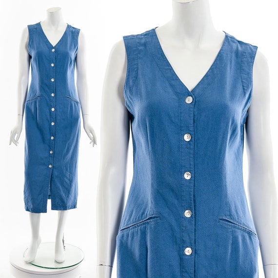 Dusty Blue Linen Button Down Midi Dress - image 1