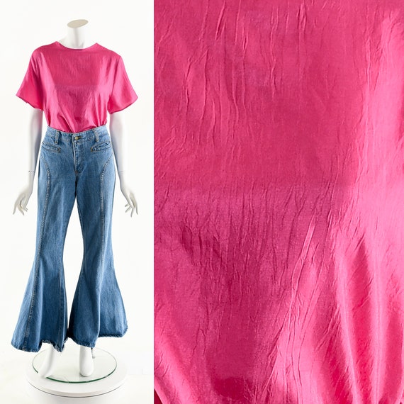 Pink Silky Blouse,Hot Pink Top,Silk Boxy Blouse,V… - image 1