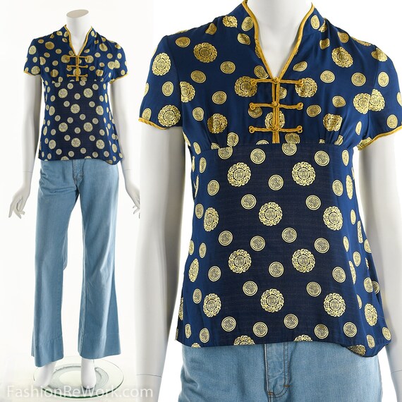 Asian Inspired Silk Top, Blue Silk Top, Oriental T