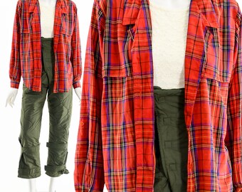 Red Plaid 80s Blouse with Shoulder Pads