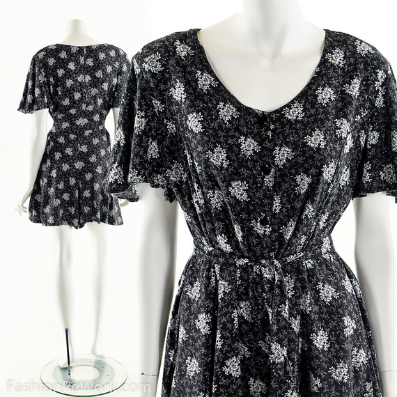 90s Babydoll Dress Romper,Black Floral Romper,Grun