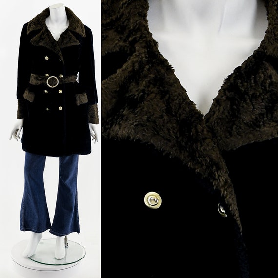 60's Black + Brown Faux Fur Shearling Belted Peac… - image 3