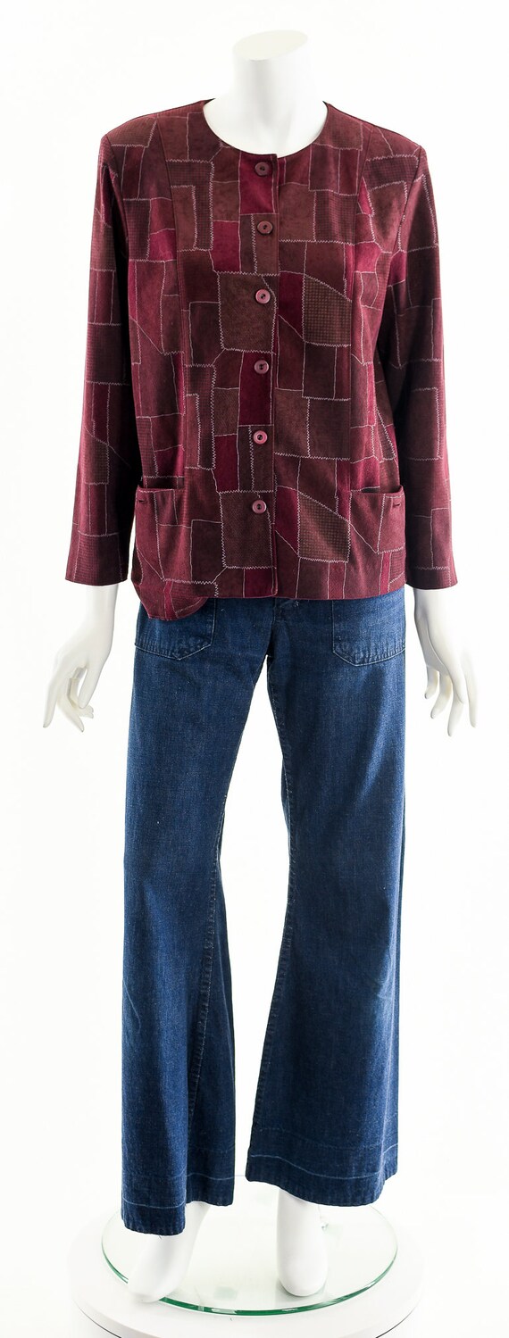 red patchwork jacket, leather suede jacket,box bl… - image 4