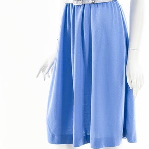 blue knit tshirt dress,80s knit fit and flare dress,mock neck dress, image 10