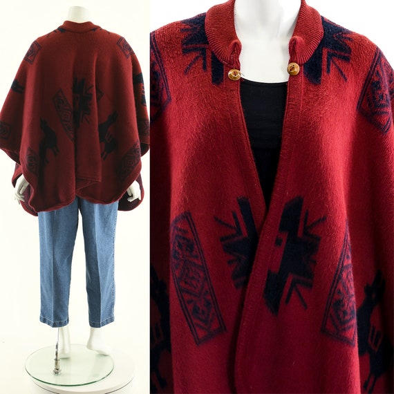 red alpaca wool poncho, southwest south american … - image 2