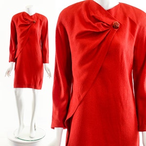 Krizia 40 Italian Red Dress,Vintage 80&#39;s Krizia Dress,Red Silk Krizia Dress,Asymmetric Drape Dress,Silk Dolman Dress,Krizia Wool Silk Dress