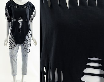 Black Slashed T-Shirt, Fringe See Through Top
