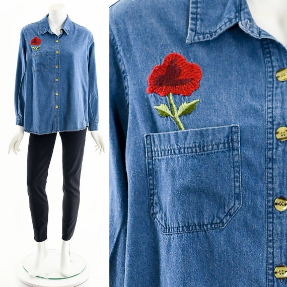 Huge Embroidered Rose Chambray,Indigo Chambray But