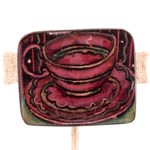 Carved Tea Cup Hand-painted Wood Pin - image 1