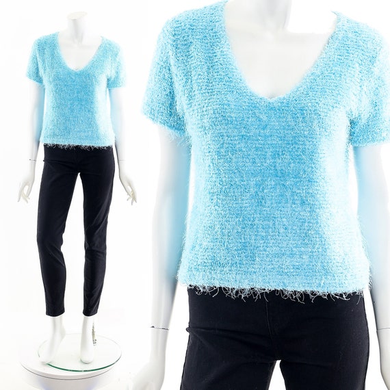 Aqua Blue Shag Knit Top,Y2K Fuzzy Blouse,Y2K Stre… - image 2