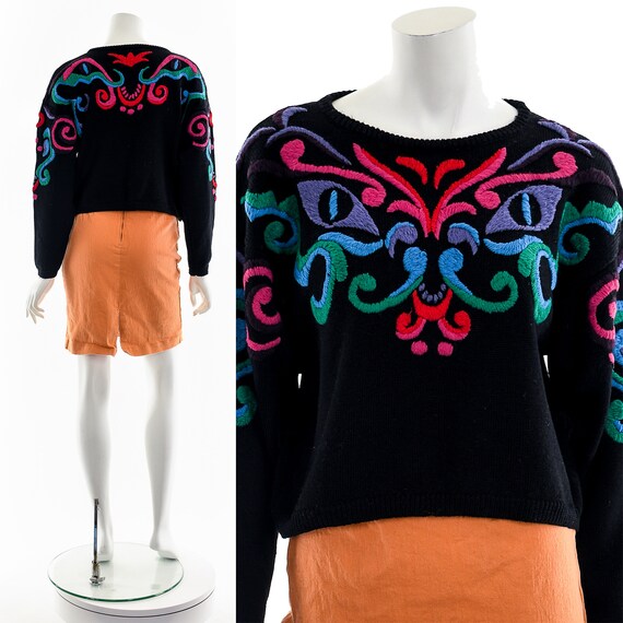 Rainbow Embroidered Wearable Art Wool Sweater - image 3
