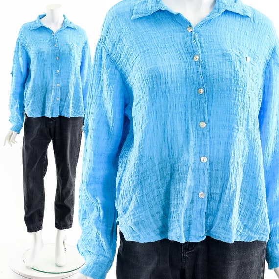 Aqua Blue Linen Button Down Blouse - image 2