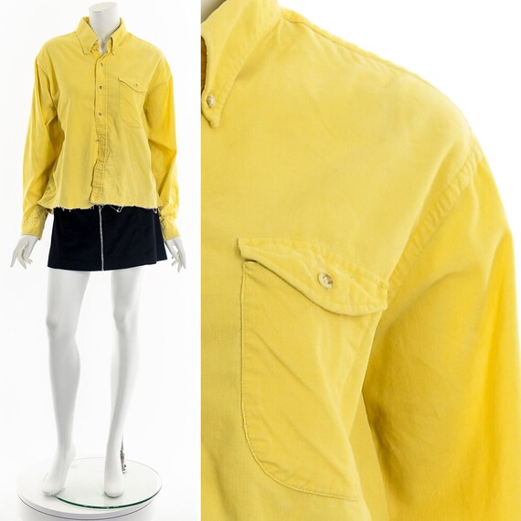 Yellow Corduroy Raw Hem Button Up Crop Top - image 3