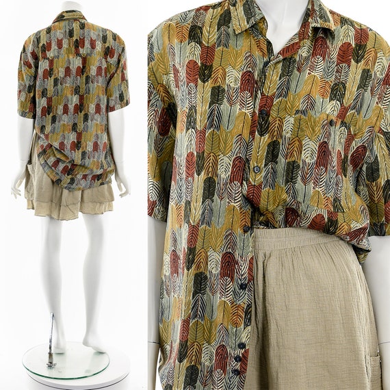 Feather Print Silk Button Down Shirt - image 2