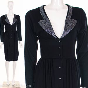 Vintage 50's Black Beaded Dress Plunging Neckline Black Wool Knit Dress Low Back Vixen Wiggle Dress Button Up Bombshell Retro Pin Up Dress S image 1