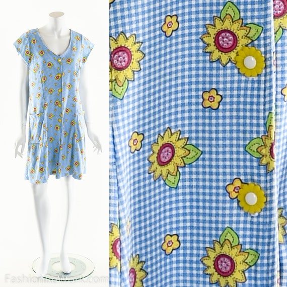 90s SUNFLOWER Romper,Blue Gingham Jumpsuit,Kawaii