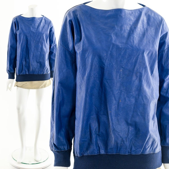 Blue Leather Pullover,Leather Pullover Sweatshirt,