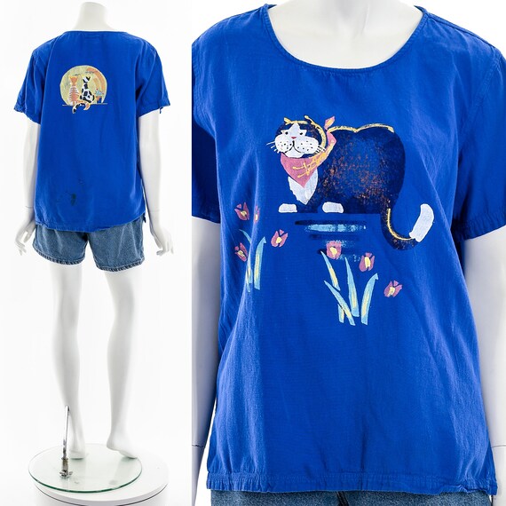 Hand Painted Cat Cotton Tee - image 2